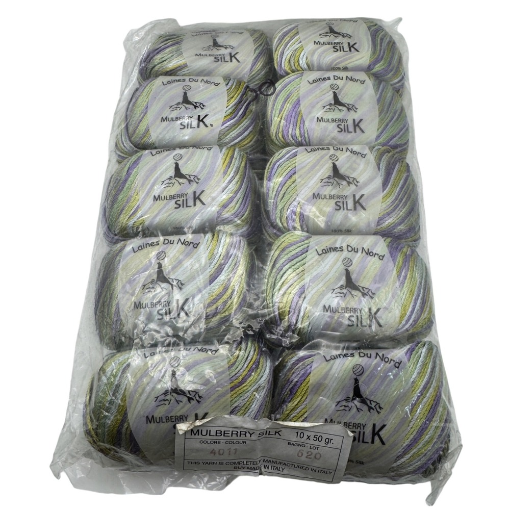 Laines Du Nord Mulberry Silk Yarn 10 Skeins 100% Silk Purple Green Grey 4011